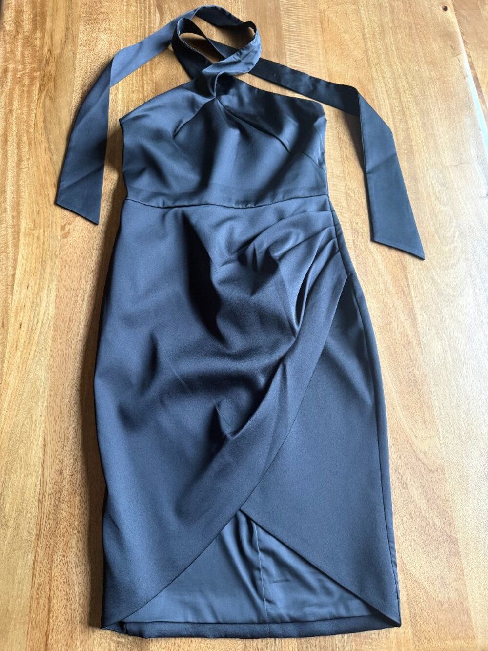 Lavish Alice Halter Ruched Satin Dress in Black | Size 8